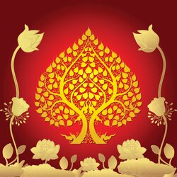 สติ๊กเกอร์ภาพต้นโพธิทอง-ดอกบัว พื้นแดง ภาพคมชัดสวยงาม เหมาะสำหรับตกแต่งห้องพระ, ร้านสปาไทย ร้านนวดแผนไทย, ร้านอาหารไทย. ST-BDT-SPE-022