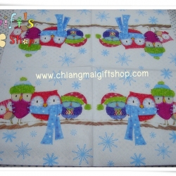 กระดาษแนปกิ้น ลายนกฮูก หมวก ผ้าพันคอ กันหนาว ฤดูหนาว หิมะ พื้นหลังสีขาว