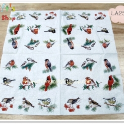 กระดาษแนปกิ้น ลายนกพันธุ์ต่างๆ เกากิ่งสน มิสเซิลโท พื้นหลังสีขาว