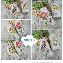 ขายยกชุด(2ใบ) ขวดแก้วเดคูพาจ แจกันเดคูพาจ งานแฮนด์เมด ใส่ของได้อเนกประสงค์ ขายแบบยกชุด 2 ใบ DB010, ลายนก