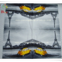 กระดาษแนปกิ้นยุโรป,ลายฝรั่งเศส, ลายรถสีเหลือง, ลายรถโฟล์คเก่า, ลายรถเต่า, พื้นหลังสีขาวดำ, ลายหอไอเฟล, ลายรถโบราณ