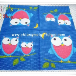 กระดาษแนปกิ้น ลายนกฮูกสีฟ้า ตาโต พื้นหลังสีน้ำเงิน