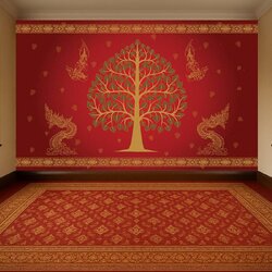 วอลเปเปอร์ภาพพิมพ์ ต้นโพธิ์-เทวดา-พญานาค ดีไซน์ใหม่ล่าสุด สีแดง CV-BDT2025-005RD