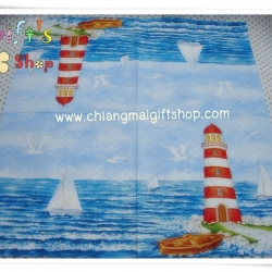 กระดาษแนปกิ้น ลายประภาคาร เรือใบ นกนางนวล เรือ คลื่น พื้นหลังสีน้ำเงิน