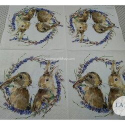 กระดาษแนปกิ้น ลายRabbit Wreath, ลายกระต่าย, ลายกระต่ายคู่, ลายหรีดกระต่าย, ลายกระต่ายคู่รัก, ลายกระต่ายในวงดอกไม้สีม่วง, ลายความรัก, พื้นหลังสีขาว