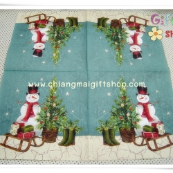 กระดาษแนปกิ้น ลายตุ๊กตาหิมะ ต้นคริสต์มาส มิสเซิลโท พื้นหลังสีเขียวอมฟ้า