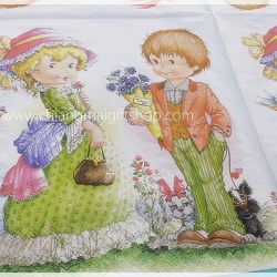 กระดาษแนปกิ้น ลาย First Love เด็กชาย เด็กหญิง ช่อดอกไม้ หมาน้อย ลูกสุนัข พื้นหลังสีขาว