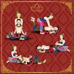 สติ๊กเกอร์แต่งร้านสปา ร้านนวด ภาพการ์ตูนท่านวดต่างๆ พื้นหลังลายไทย ST-2023-SPA1-009RD