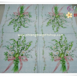 กระดาษแนปกิ้นยุโรป, ขนาด33*33 ซม., ลายช่อดอกระฆังแก้ว, ลายช่อดอกทิงเกอร์เบลล์, ลายช่อดอกไม้สีขาวผูกโบว์, พื้นหลังสีเขียวอ่อน, ขอบลายใบไม้, พื้นหลังสีอ่อน