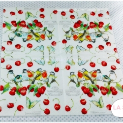 กระดาษแนปกิ้นยุโรป, ลายนกตัวเล็ก, ลายนก, ลายผีเสื้อ, ลายผลเชอร์รี่สีแดง, ลายเชอรี่, ลายนกกับเชอรี่, พื้นหลังสีขาว, Cherry Birds