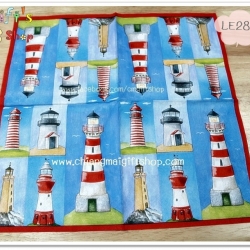 กระดาษแนปกิ้น กระดาษแนปกิ้น ลายประภาคารหลากแบบ ขอบสีแดง พื้นหลังสีฟ้า