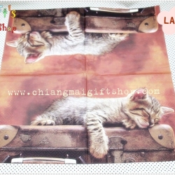 กระดาษแนปกิ้น ลายแมวน้อยหลับบนกระเป๋า