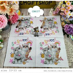 กระดาษแนปกิ้น, ลายแมวสองตัว, ลายแมว, ลายน้องแมว, ลายสัตว์, ลายรุ้ง, ลายตัวอักษรภาษาอังกฤษ, พื้นหลังสีขาว, ลายหัวใจ