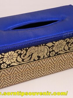 กล่องทิชชู่เสื่อกกขนาดใหญ่สีน้ำเงินลายช้างของที่ระลึกไทย