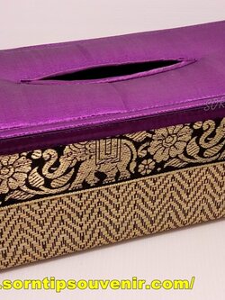 กล่องทิชชู่เสื่อกกขนาดใหญ่สีม่วงลายช้างของที่ระลึกไทย