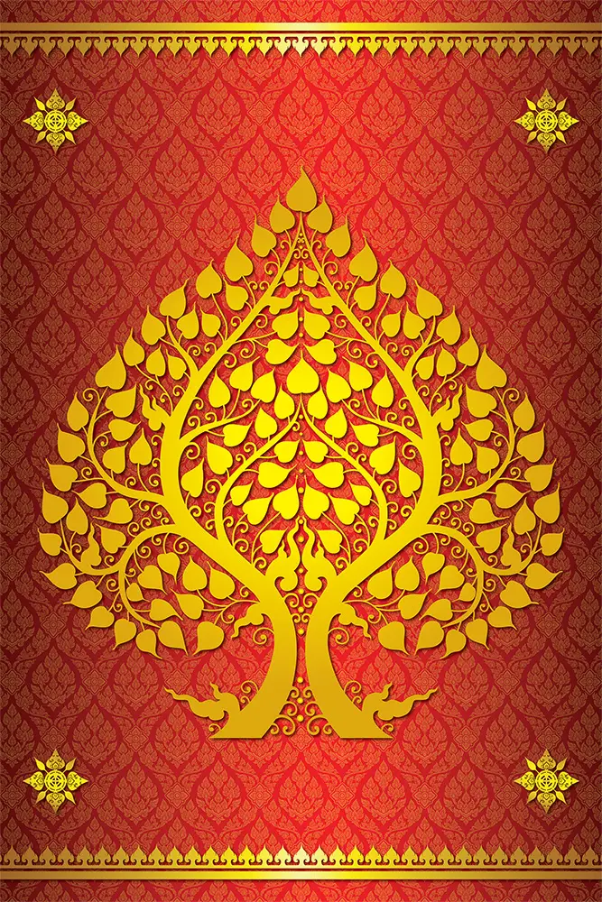 ภาพพิมพ์แคนวาส/สติ๊กเกอร์ภาพต้นโพธิ์ทอง เหมาะตกแต่งผนังห้องพระ,ร้านอาหารไทย,ร้านนวดสปาไทย สีทอง-แดง 2023-BDT-001EX1